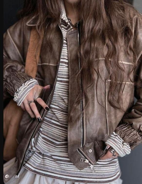 Long Sleeve Washed Faux Leather Loose-Fit Zip-Up Jacket Product Image