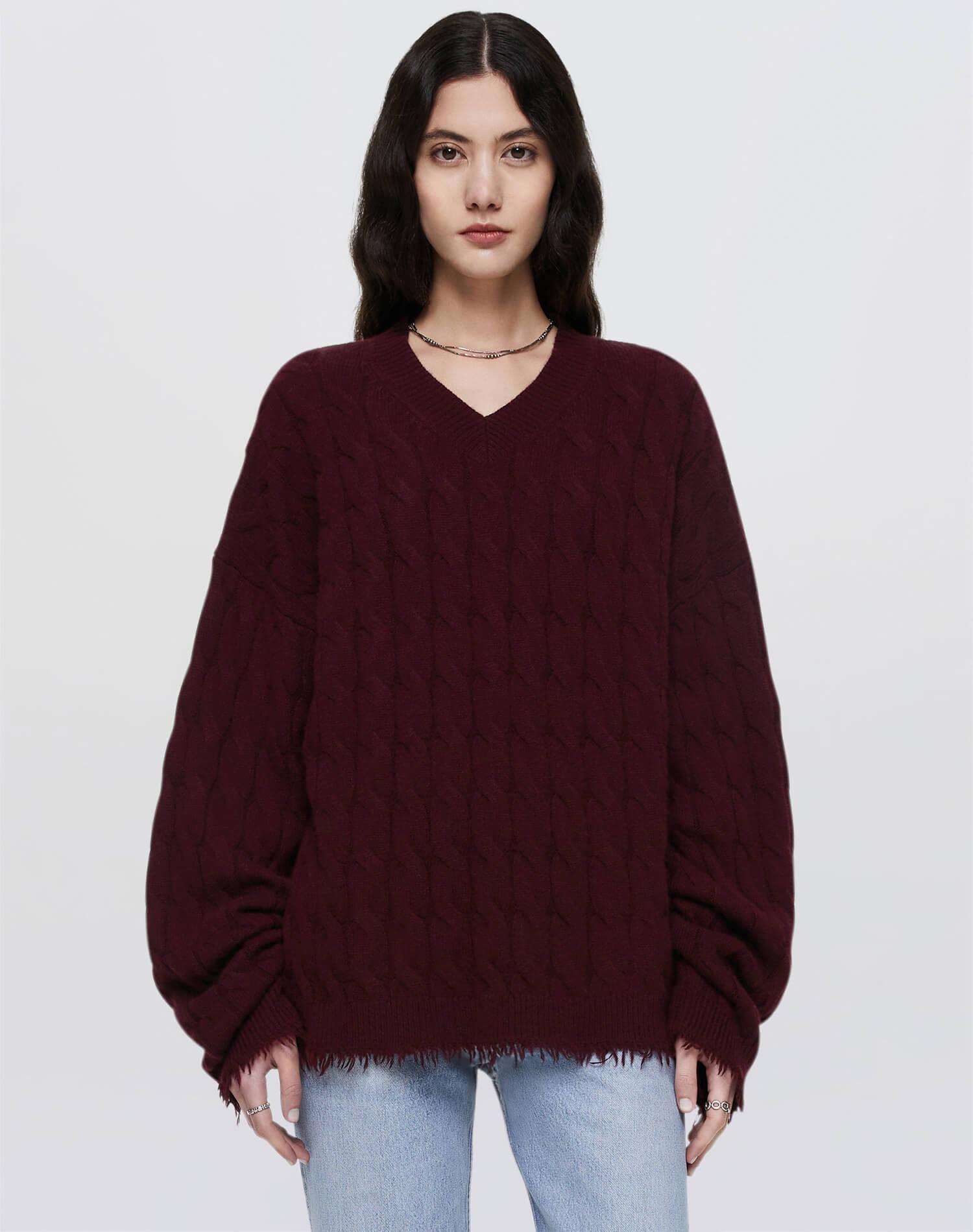 Cashmere Cable V Neck Pullover - Oxblood product image