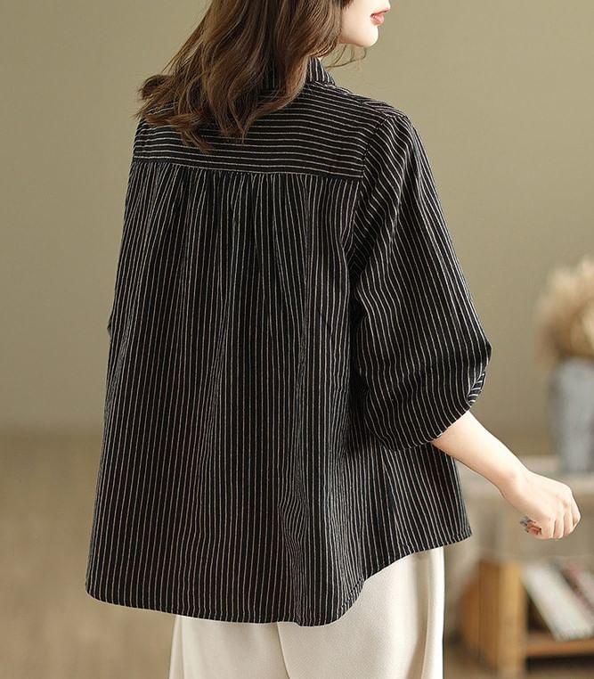 Long-Sleeve Collared Striped Blouse Product Image