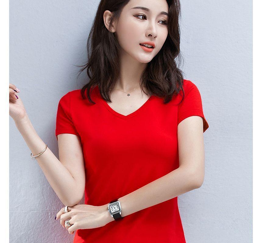 Short-Sleeve V-Neck Plain Top Product Image