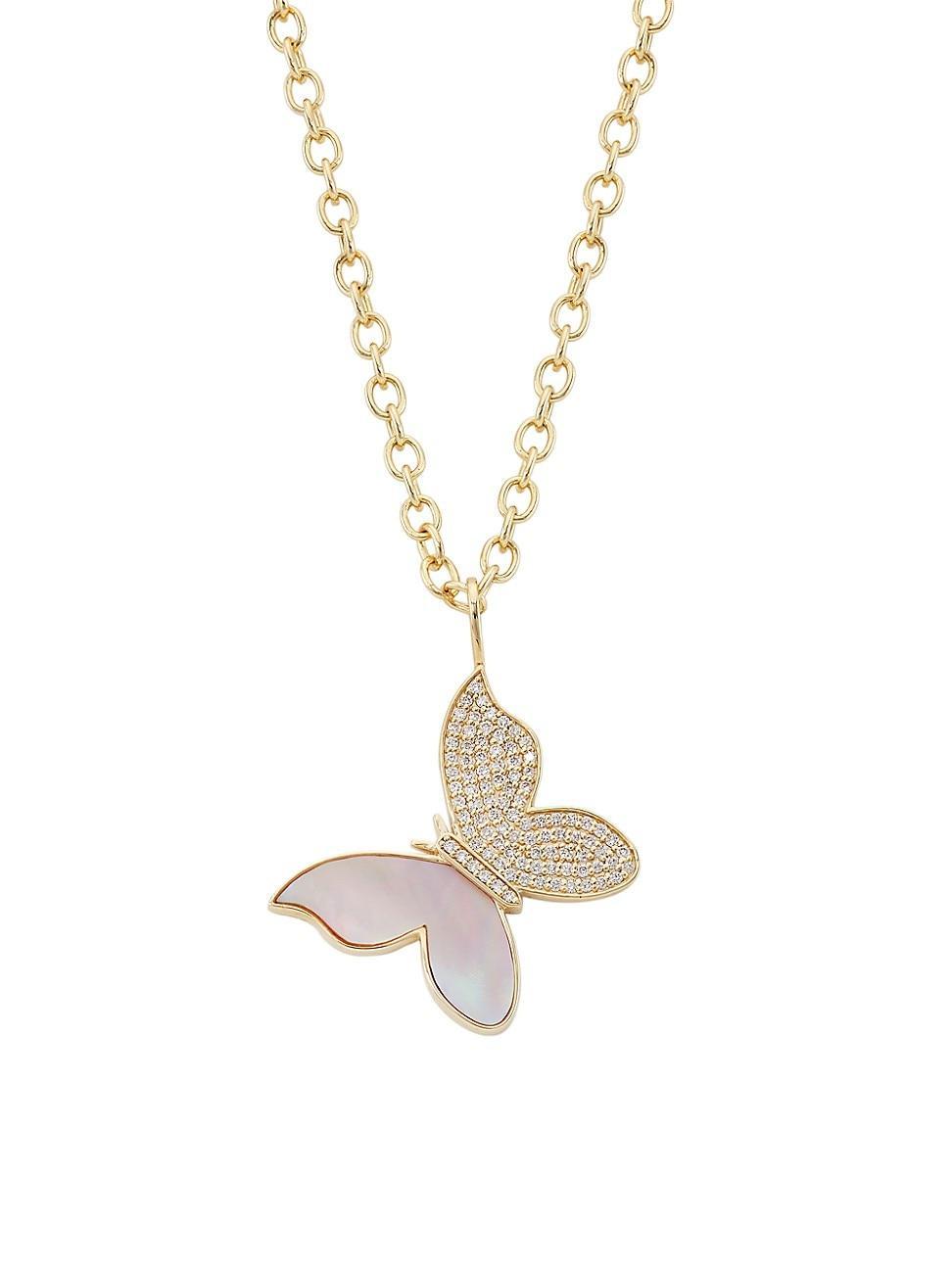 Womens 14K Yellow Gold, Mother-Of-Pearl, & Diamond Large Butterfly Pendant Necklace Product Image