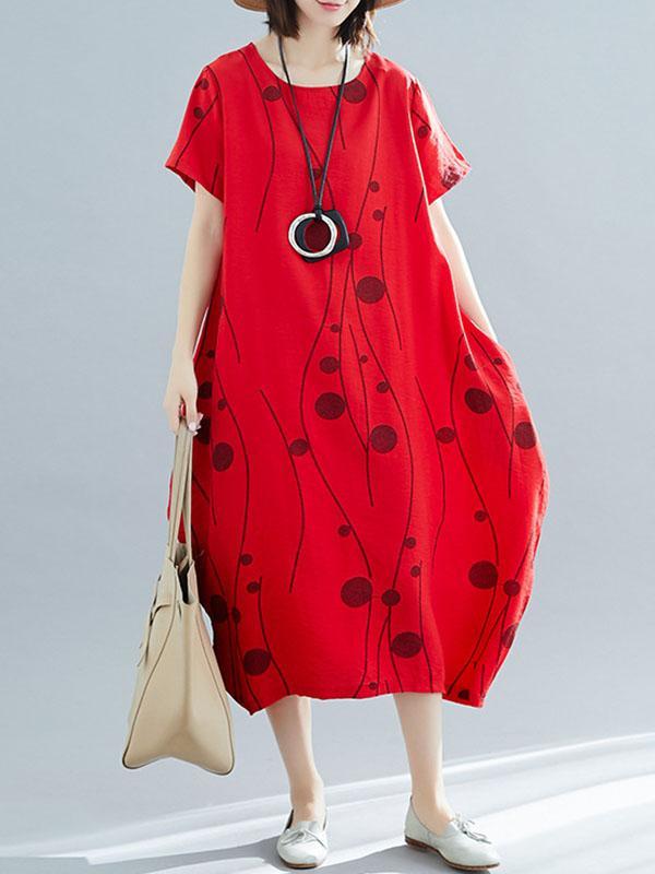 Loose Short Sleeves Printed Round-Neck Midi Dresses Product Image