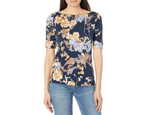 Lauren Ralph Lauren Floral Motif Boat Neck Roll Cuff Short Sleeve Side Slit Top -  L Product Image