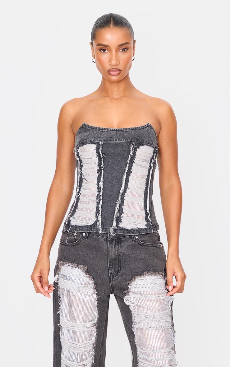 Washed Black Extreme Distressed Sequin Panel Strapless Denim Top product image