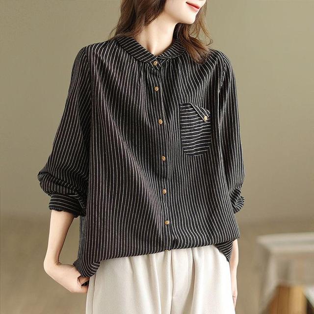 Long-Sleeve Collared Striped Blouse Product Image