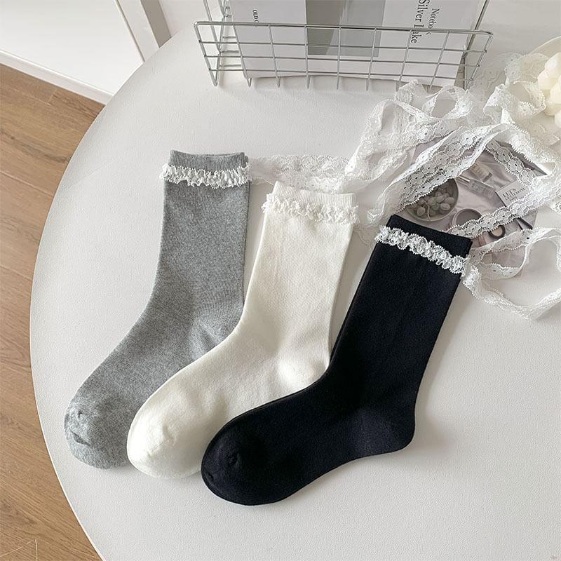 Plain Lace Trim Bow Crew Socks Product Image