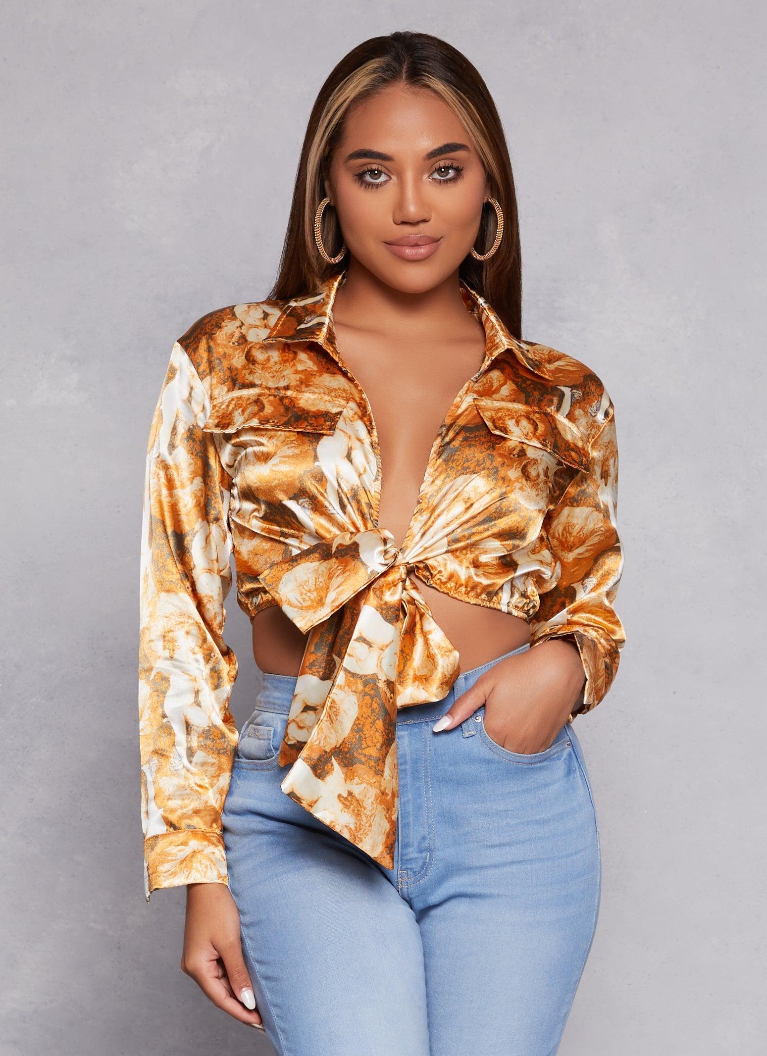 Womens Satin Printed Long Sleeve Tie Front Blouse Product Image