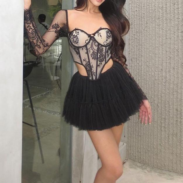 Long-Sleeve Lace Bustier Top Product Image