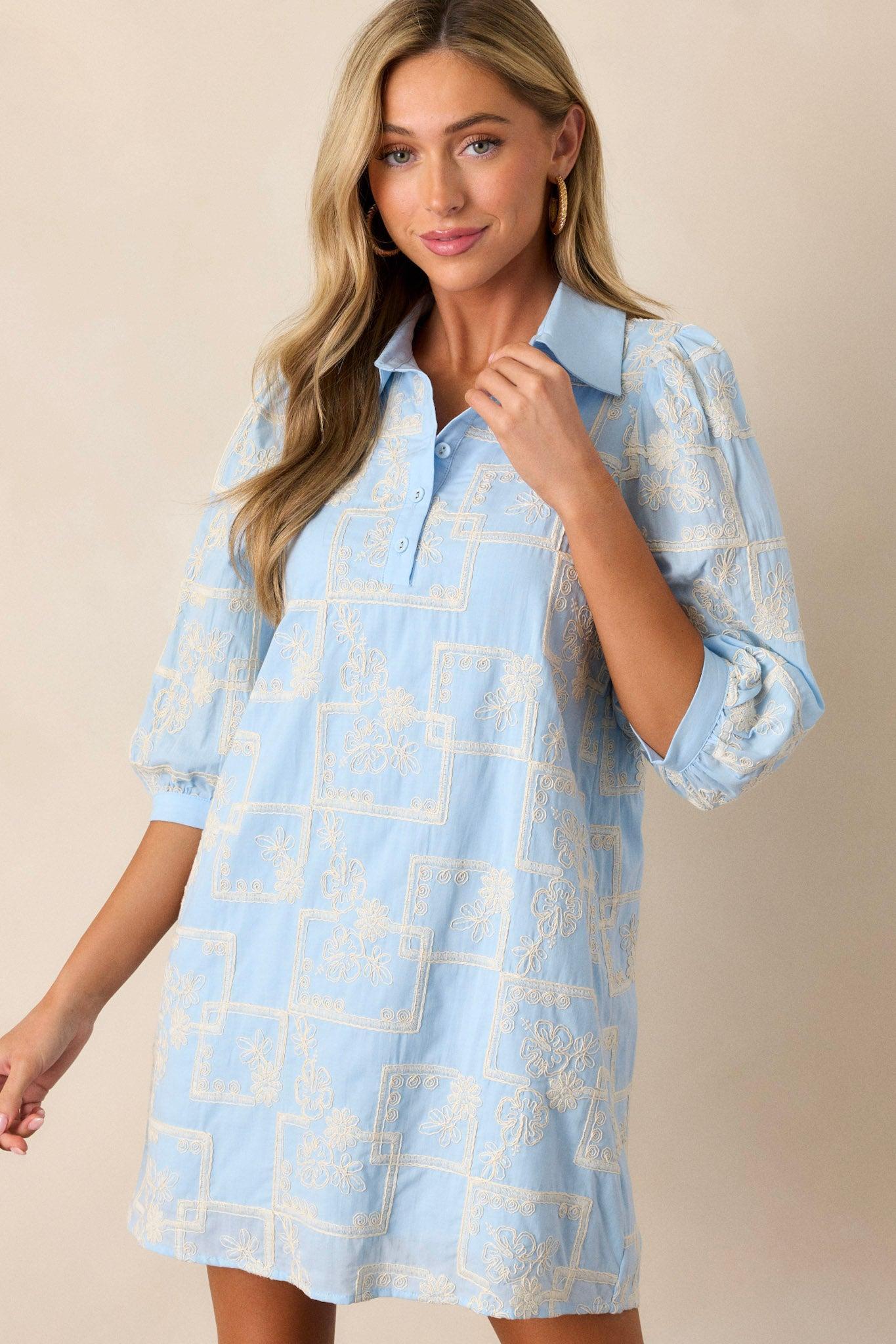 So Close 100% Cotton Light Blue Embroidered Mini Dress Product Image