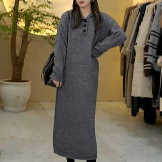 Long-Sleeve Plain Hooded Midi Sweater Dress Product Image