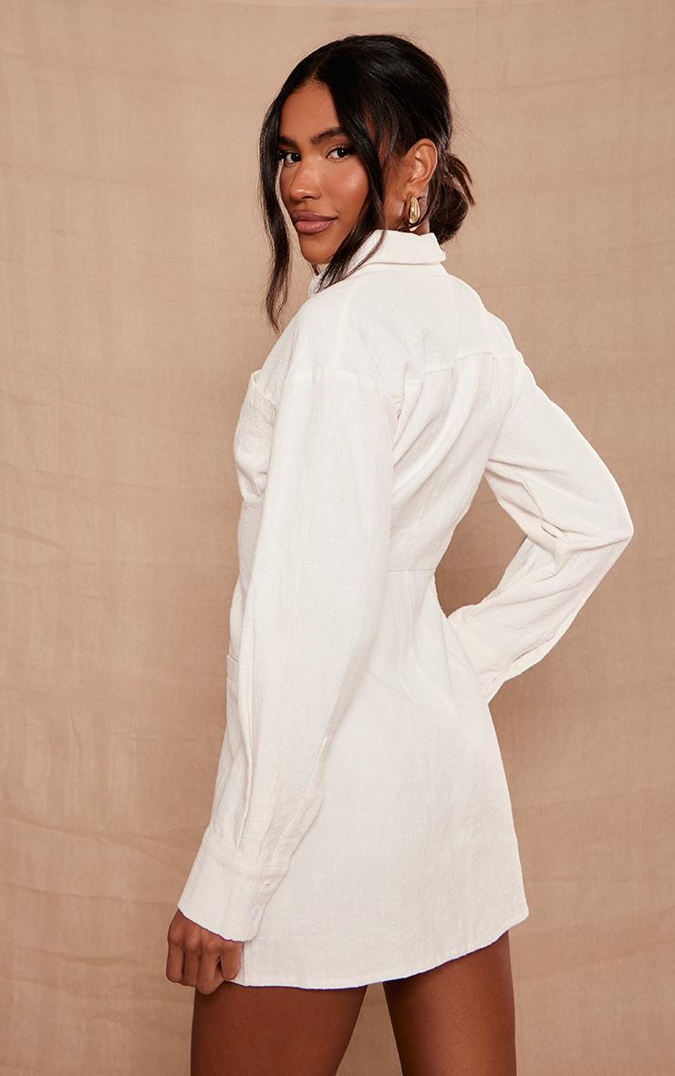 White Fitted Premium Linen Look Shirt Dress Product Image