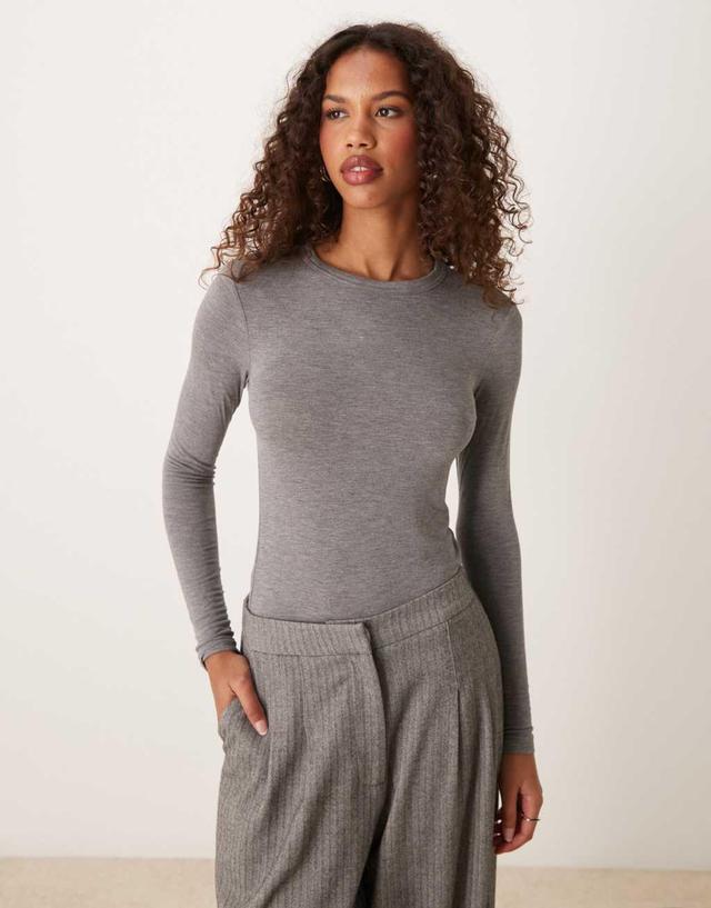 Mango slim fit long sleeve top in gray Product Image