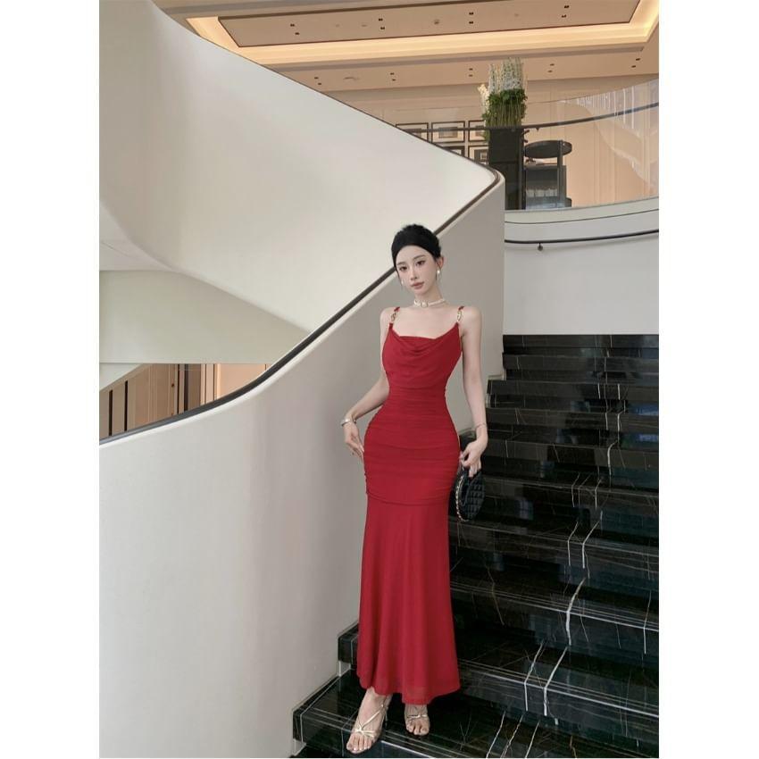 Spaghetti Strap Plain Ruched Maxi Mermaid Dress Product Image