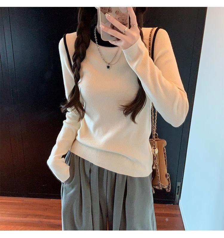 Long-Sleeve Crew Neck Contrast Trim Knit Top Product Image