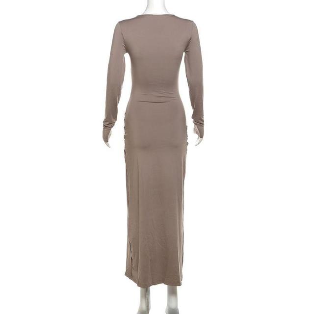 Long-Sleeve Crew Neck Ruched Slit Midi Bodycon Dress Product Image