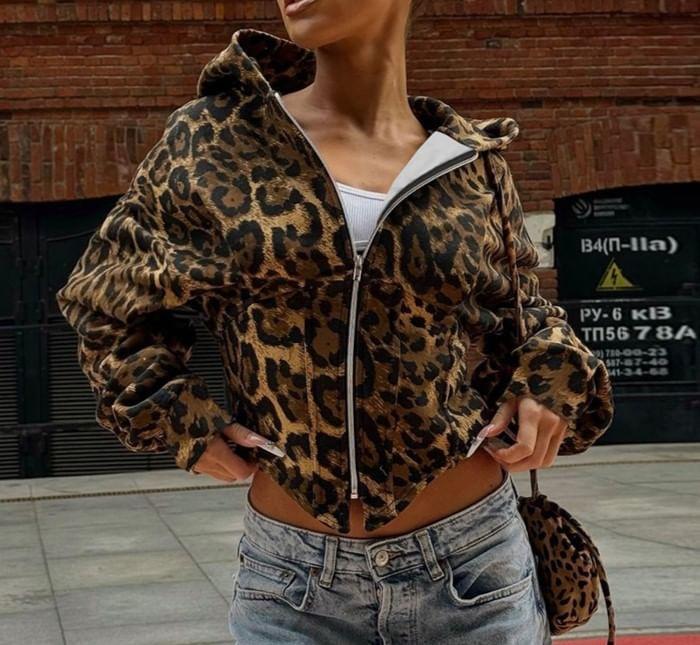 Long Sleeve Leopard Print  Zip-Up Crop Hooded Jacket Product Image