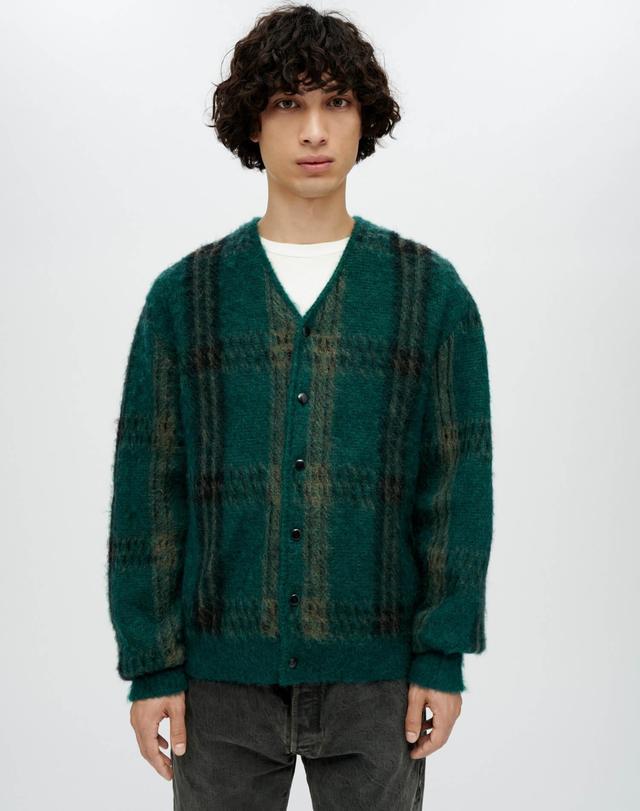 60s V Neck Cardigan - Emerald Plaid Product Image