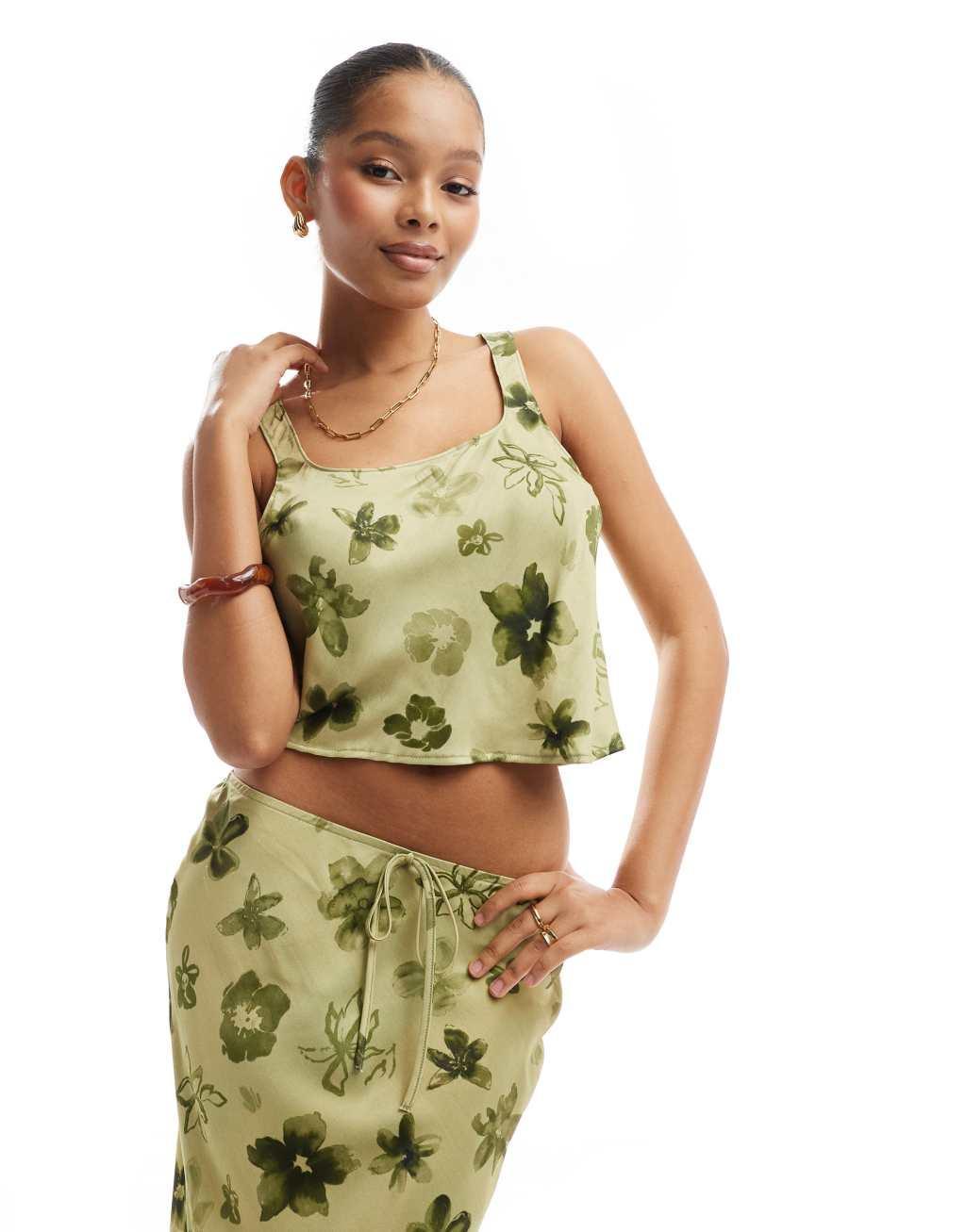 ASOS DESIGN scoop neck bias cut top in green floral - part of a set Product Image