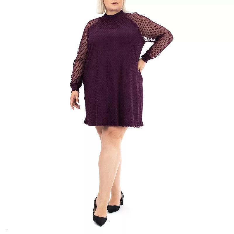 Plus Size Nina Leonard Shirred Mock Neck Dress, Womens Dark Grey Product Image