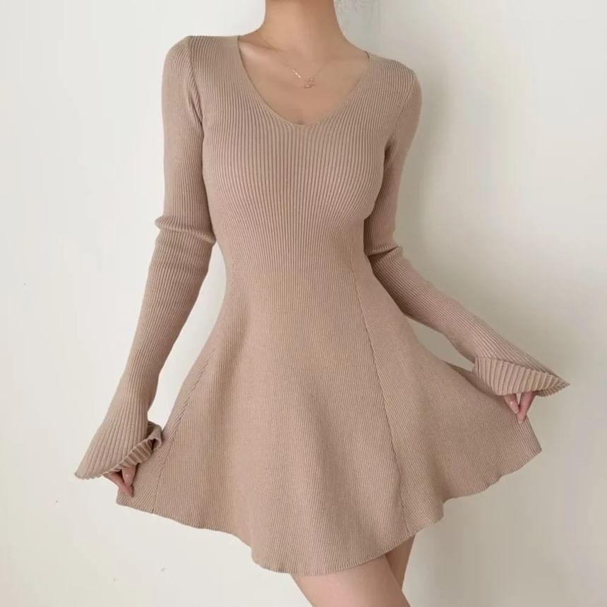 Flare-Sleeve V-Neck Plain Knit Mini A-Line Dress Product Image