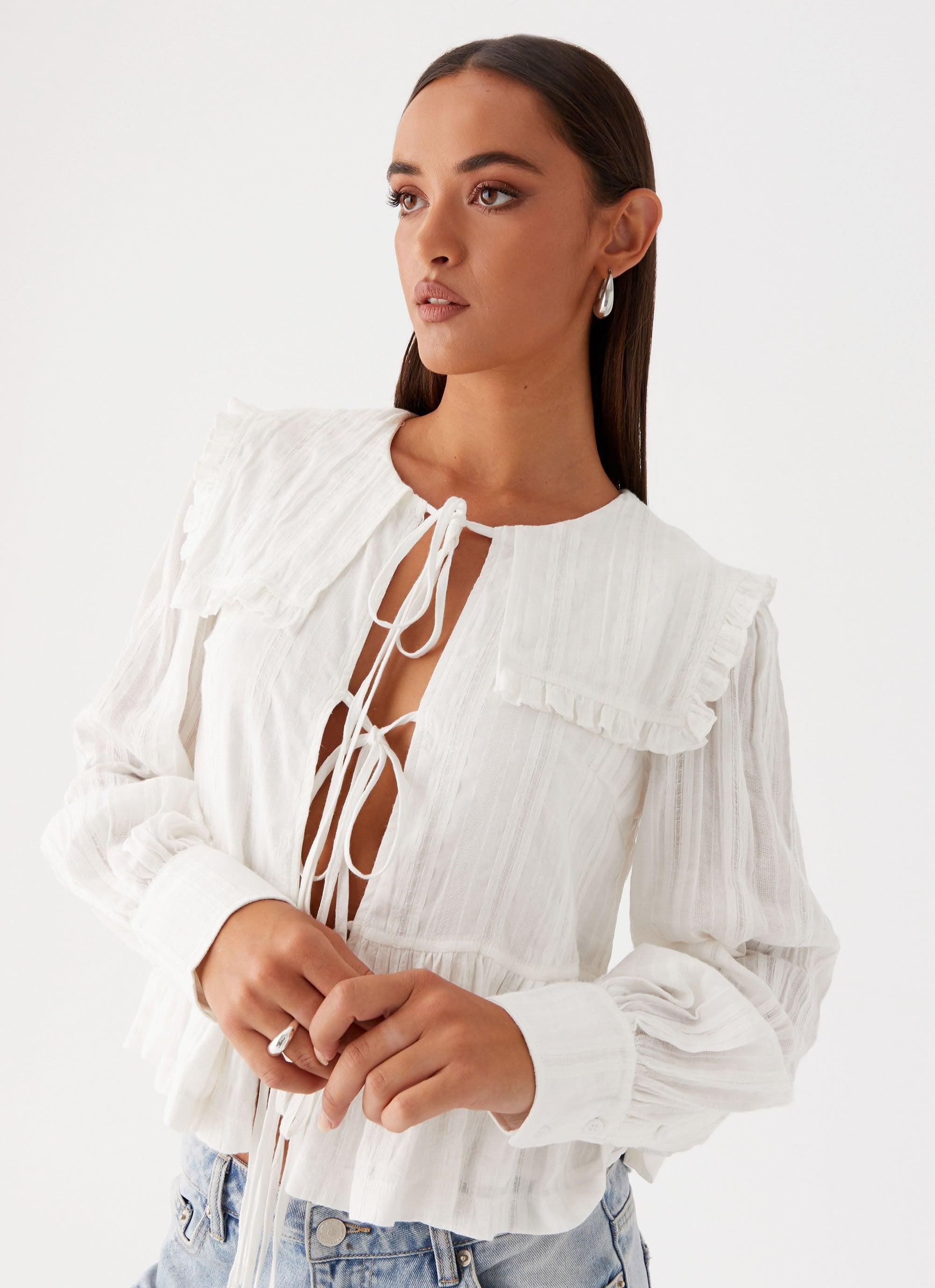 Emerson Tie Front Long Sleeve Top - White Product Image