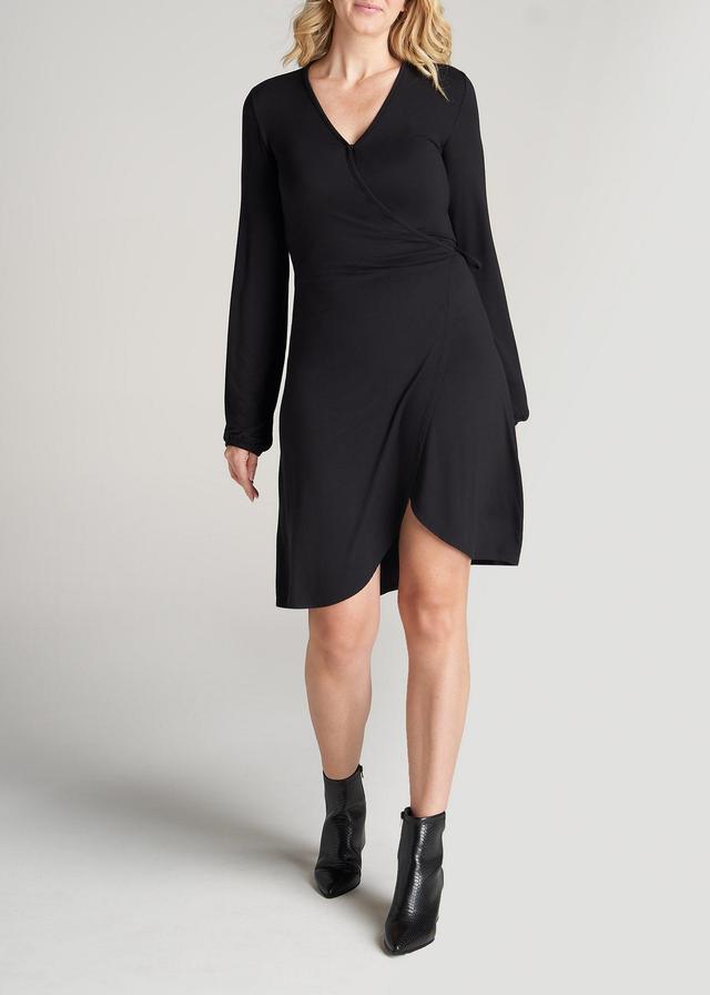 Long Sleeve Jersey Wrap Dress for Tall Women in Black Product Image