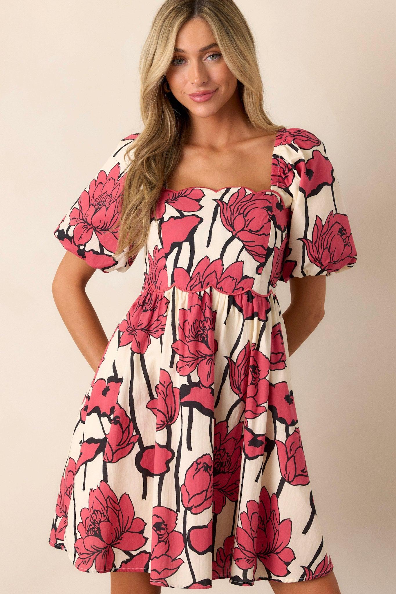 Whispering Moonlight 100% Cotton Red Floral Mini Dress Product Image