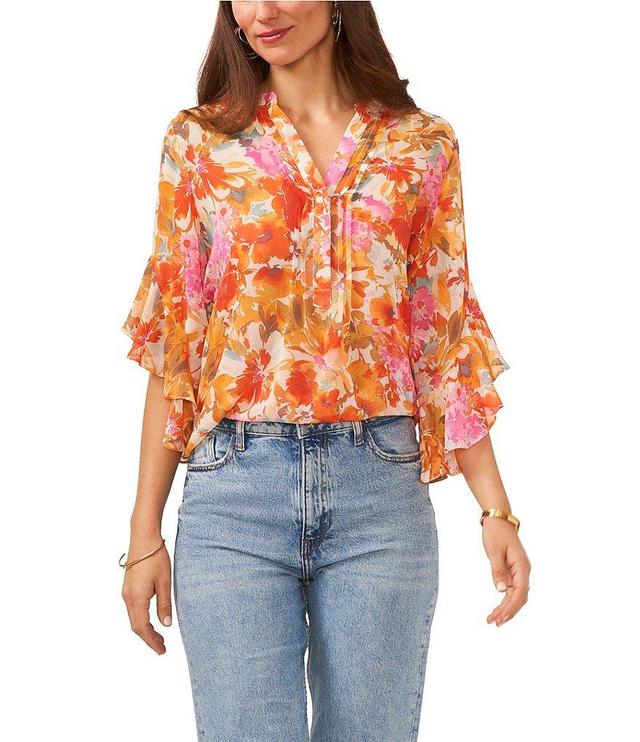 Vince Camuto Watercolor Floral Print Chiffon V-Neck 3/4 Flutter Sleeve Henley Blouse Product Image