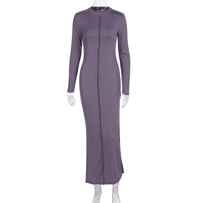 Long-Sleeve Round Neck Plain Maxi Sheath Dress Product Image