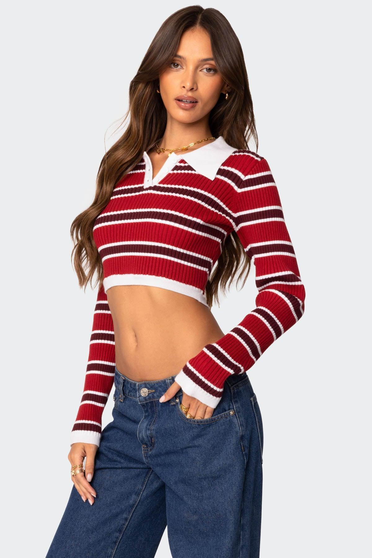 Collared Stripey Ribbed Crop Top Product Image