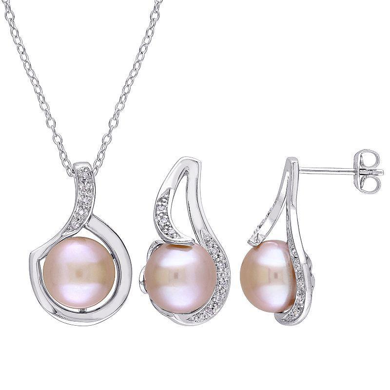 Stella Grace Sterling Silver 1/10 Carat T.W. Diamond & Dyed Freshwater Cultured Pearl Pendant & Earring Set, Womens Silvertone Product Image