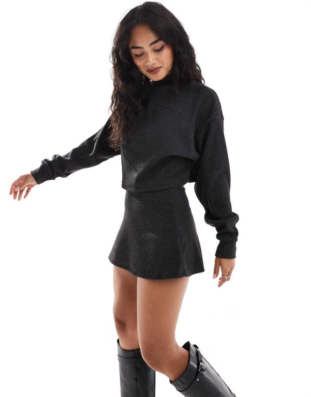 Bershka ribbed jersey mini skirt in gray Product Image