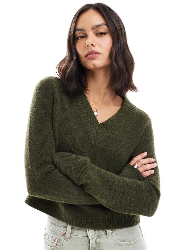 ASOS DESIGN crop v neck sweater in khaki Product Image