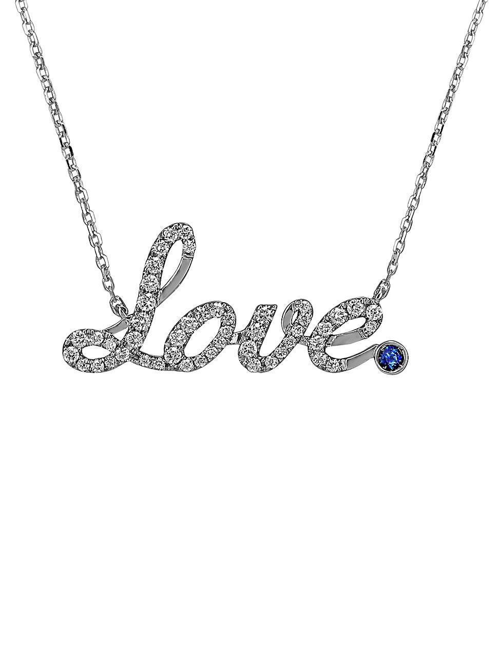 Womens Sentiments 18K White Gold, 0.26 TCW Diamond & Blue Sapphire Love Pendant Necklace Product Image