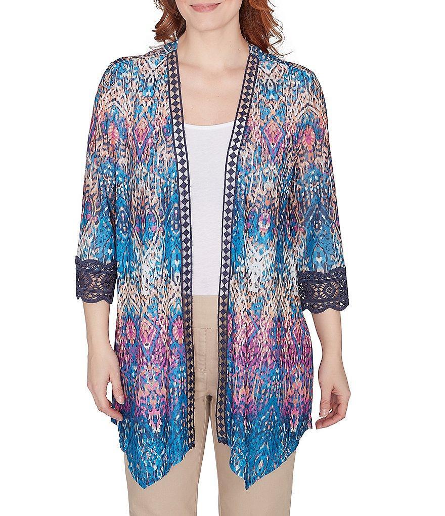 Ruby Rd. Petite Size Medallion Print Mesh Lace Trim 3/4 Sleeve Open-Front Cardigan Product Image