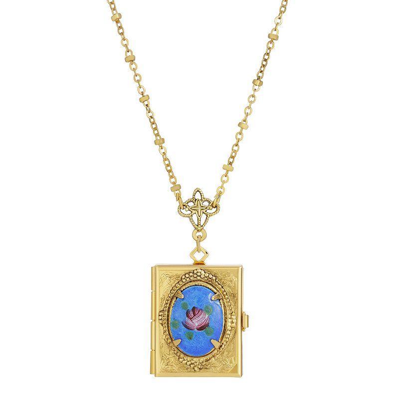 1928 Gold Tone Multi Color Floral Cabochon Four-Slot Book Locket Necklace, Womens, White Product Image