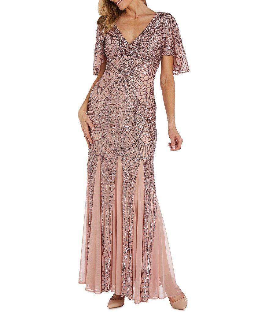 R & M Richards Short Flutter Sleeve V-Neck Godet Inset Sequin Gown Product Image