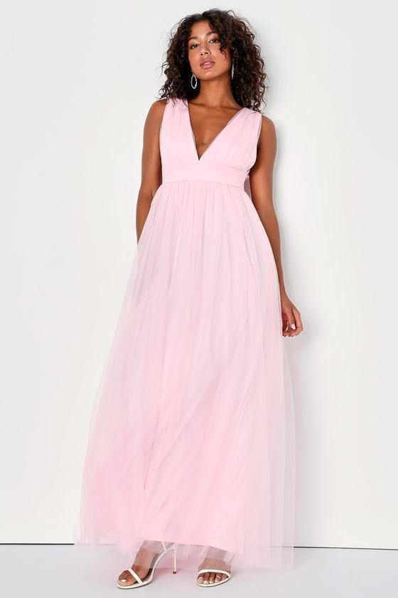 Blushing with Brilliance Light Pink Tulle Sleeveless Maxi Dress Product Image