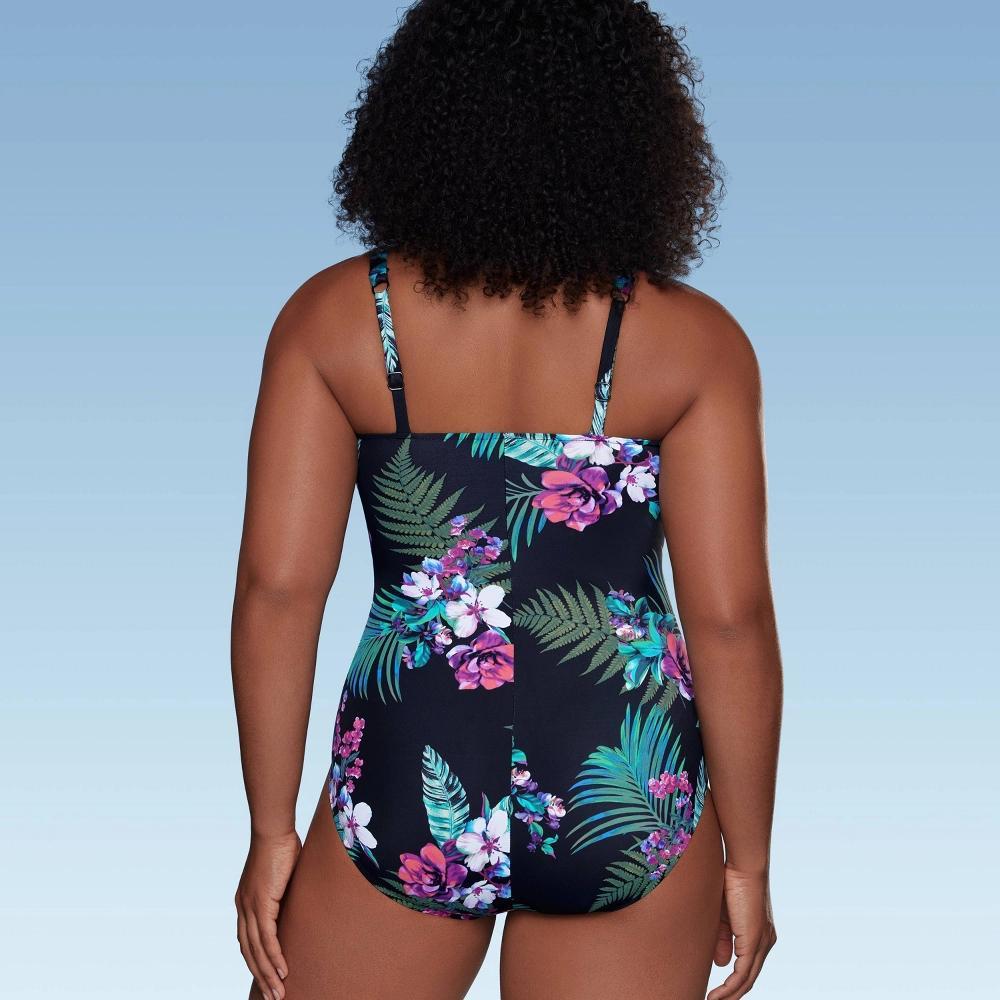 Women's Waist Detail Over the Shoulder One Piece Swimsuit - Aqua Green® Black Floral Print Product Image