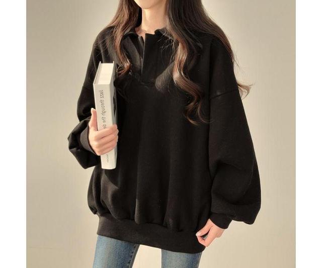 Plain Oversized Polo Neck Sweatshirt Product Image