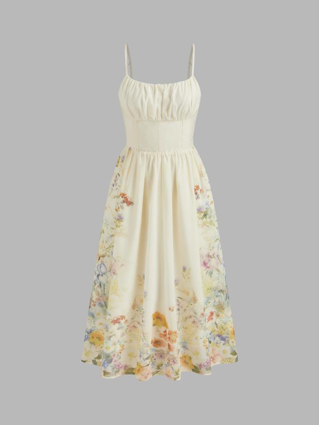 Square Neck Floral Shirred Midi Dress Product Image