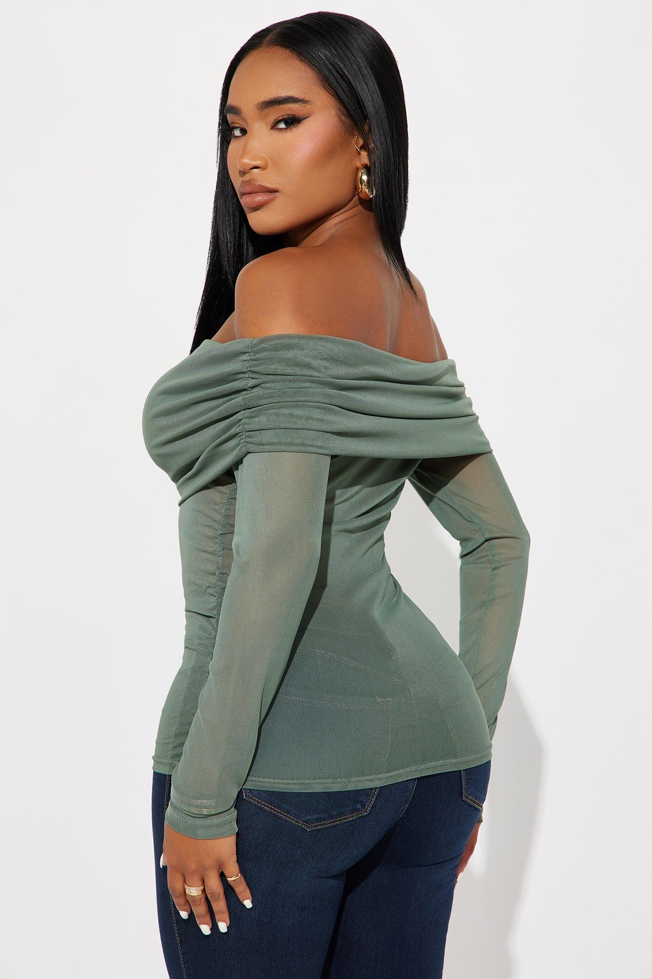 Gina Off Shoulder Mesh Top - Olive Product Image