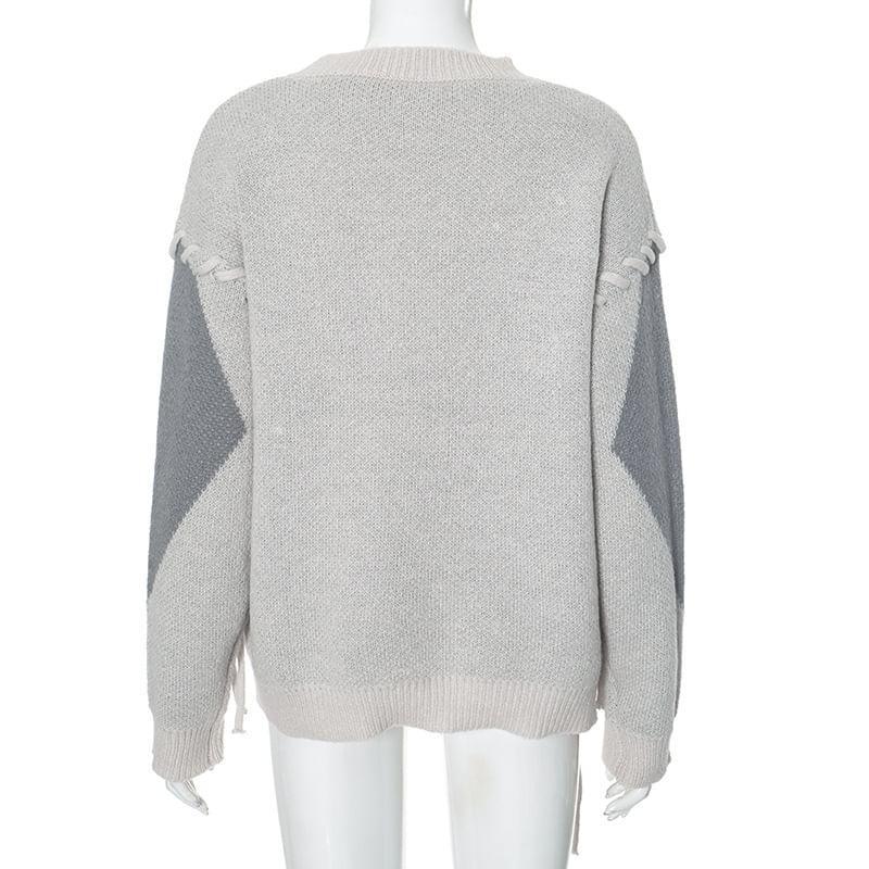 Round Neck Argyle Lace-Up Sweater Product Image