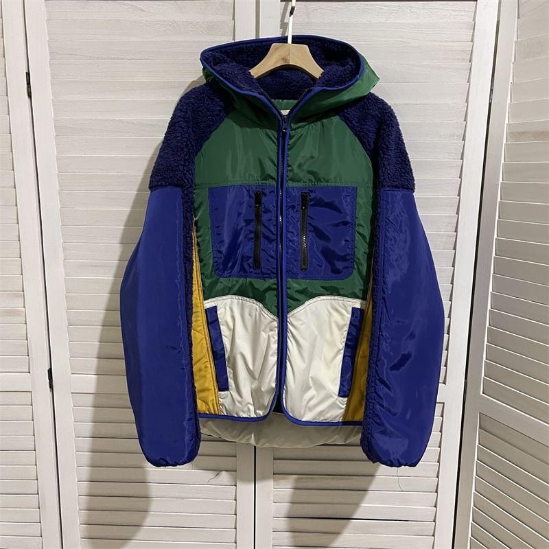 Hooded Color Block Fleece Panel Zip Up Jacket Product Image