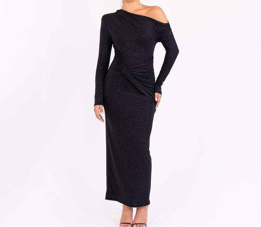 Long-Sleeve Asymmetrical Plain Maxi Sheath Dress Product Image