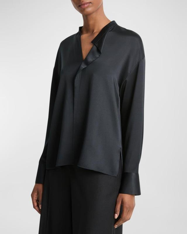 Draped Stand-Collar Long-Sleeve Silk Blouse Product Image