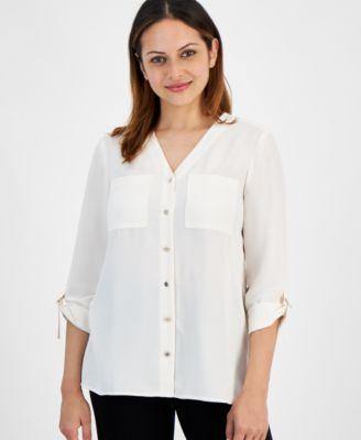 Petite Roll-Tab-Sleeve Button-Front Tunic Shirt Product Image