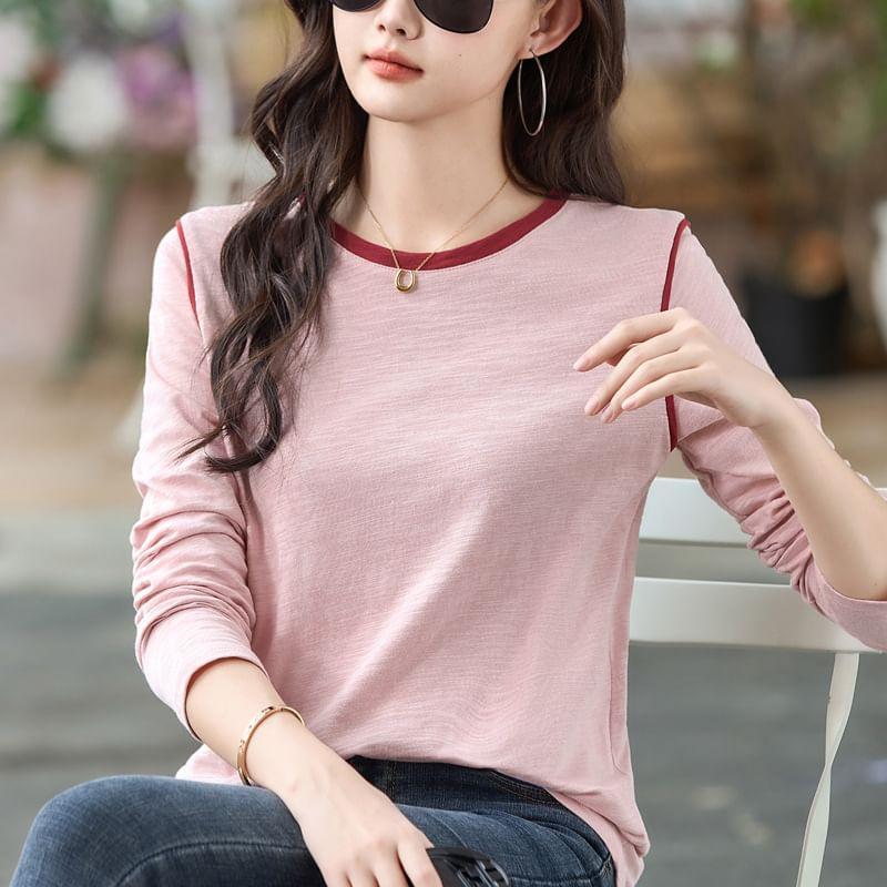 Long-Sleeve Crew Neck Contrast Trim T-Shirt Product Image