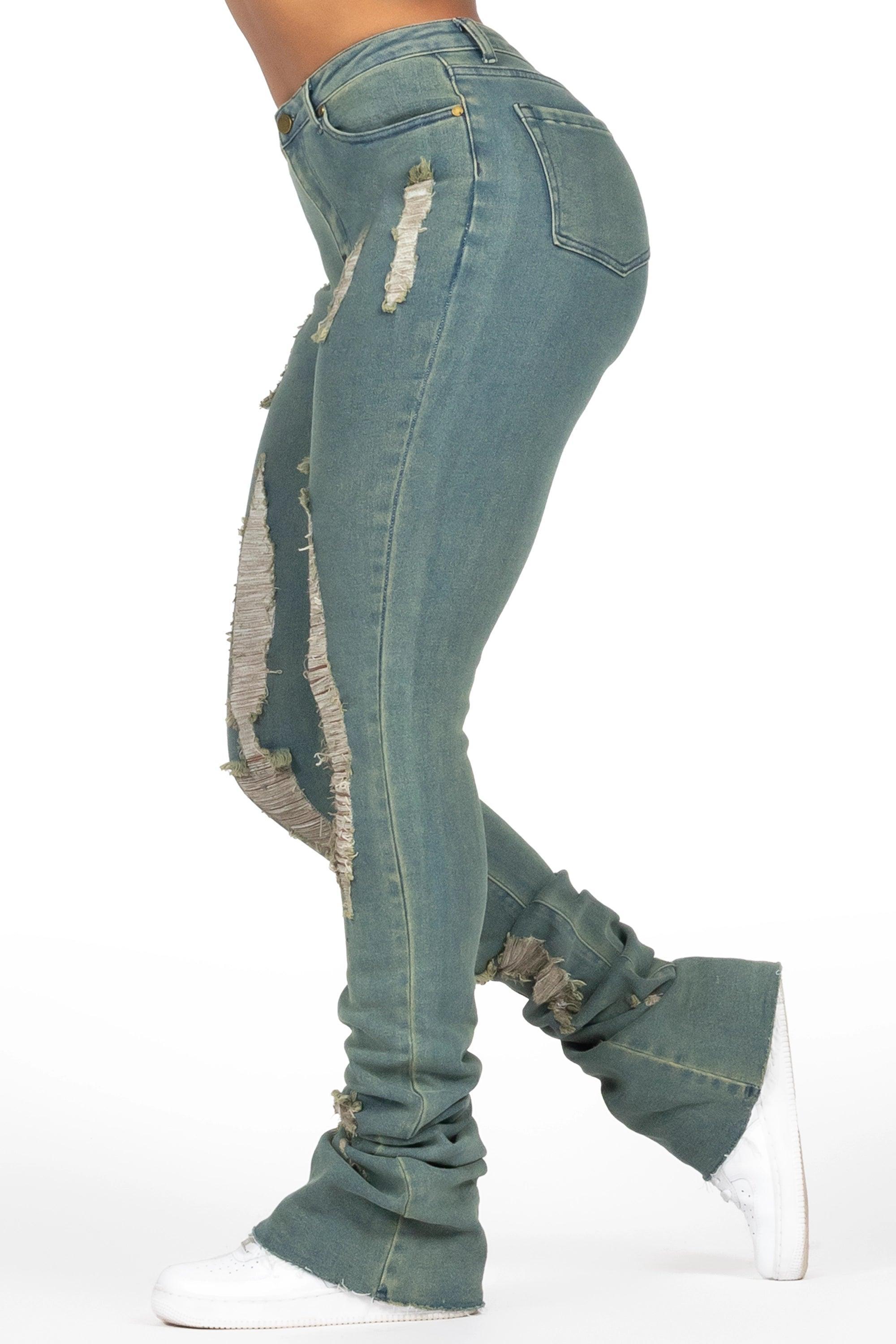 Got A Crush Tinted Dark Wash Distressed Super Stacked Jean Female Product Image