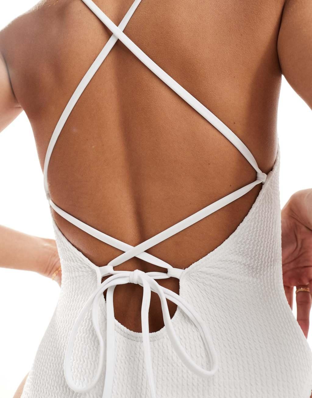 South Beach textured cross back high leg swimsuit in off white Product Image